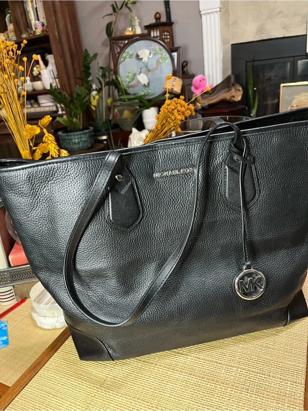 Michael Kors Black Pebbled Leather Large Tote with MK Charm